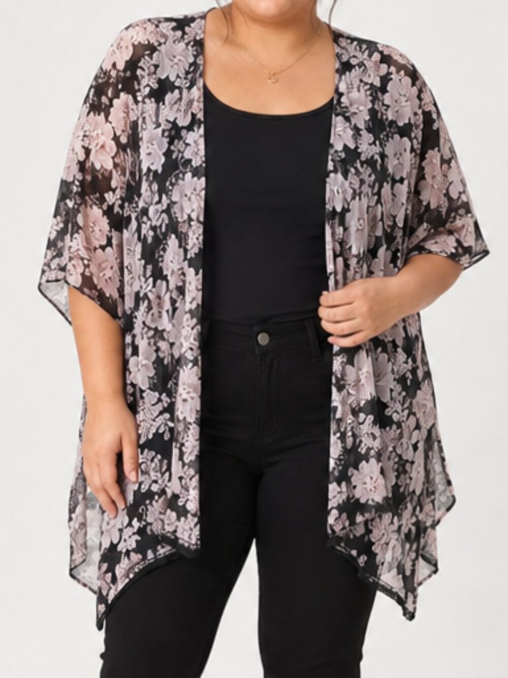 Mason + Mackenzie Romantic Flirty Boho floral lace trim kimono medium